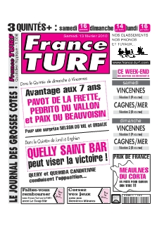 <strong>France Turf Samedi - Hebdomadaire :</strong><br />France TURF est LE Journal hippique qui vous conseille et vous donne les meilleurs pronostics turfs pour gagner au Quinté+ et dans les autres courses PMU tous les jours grâce à ses infos exclusives et à ses classements liés au chrono (TROT) et au poids (Plat / Obstacle).